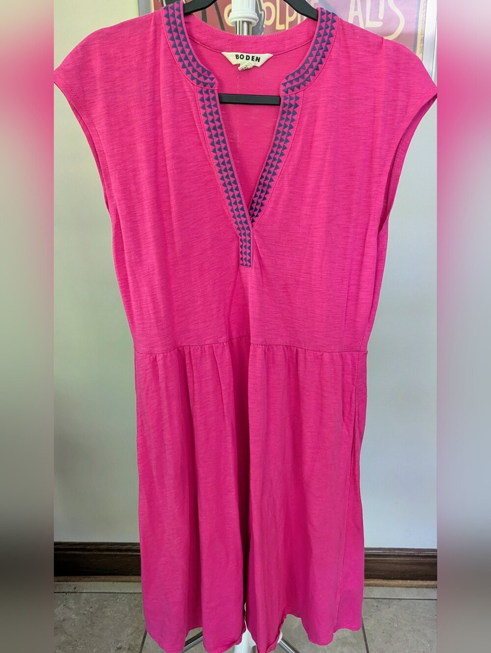 Boden Chloe Embroidered Short Dress Peony Pink Slub Jersey Pockets Size 10 $30
